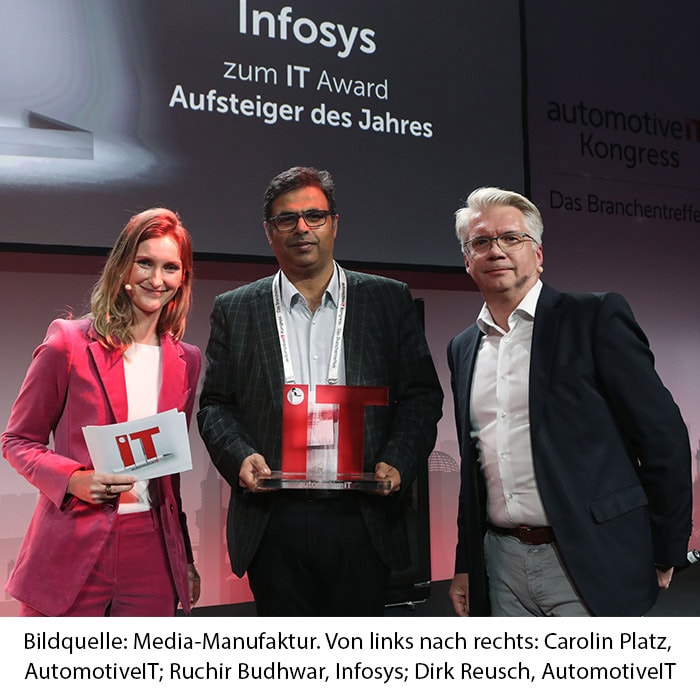 Bildquelle: Media-Manufaktur. Von links nach rechts: Carolin Platz, AutomotiveIT; Ruchir Budhwar, Infosys; Dirk Reusch, AutomotiveIT