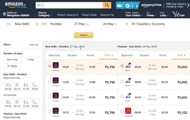 Figure 3: Amazon users in India can book domestic flights