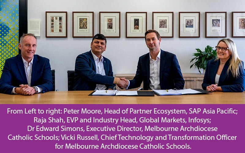Peter Moore, Head of Partner Ecosystem, SAP Asia Pacific; Raja Shah, EVP and Industry Head, Global Markets, Infosys; Dr Edward Simons, Executive Director, Melbourne Archdiocese Catholic Schools; Vicki Russell, Chief Technology and Transformation Officer for Melbourne Archdiocese Catholic Schools.