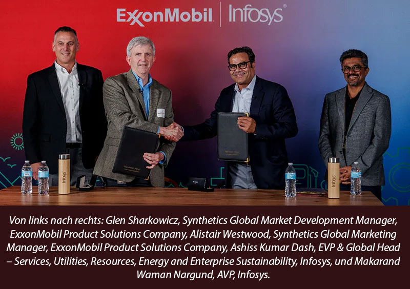 Von links nach rechts: Glen Sharkowicz, Synthetics Global Market Development Manager, ExxonMobil Product Solutions Company, Alistair Westwood, Synthetics Global Marketing Manager, ExxonMobil Product Solutions Company, Ashiss Kumar Dash, EVP & Global Head – Services, Utilities, Resources, Energy and Enterprise Sustainability, Infosys, und Makarand Waman Nargund, AVP, Infosys.