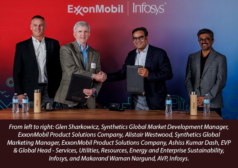 From left to right: Glen Sharkowicz, Synthetics Global Market Development Manager, ExxonMobil Product Solutions Company, Alistair Westwood, Synthetics Global Marketing Manager, ExxonMobil Product Solutions Company, Ashiss Kumar Dash, EVP & Global Head - Services, Utilities, Resources, Energy and Enterprise Sustainability, Infosys, and Makarand Waman Nargund, AVP, Infosys.