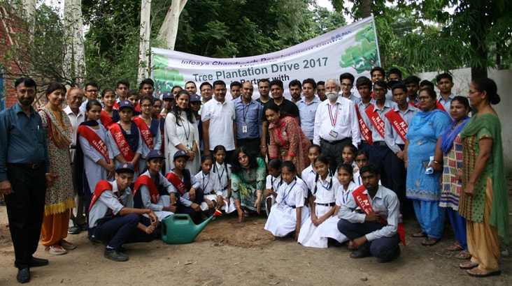 Infosys employees planting saplings in Government Model Senior Secondary School Infosys employees planting saplings in Government Model Senior Secondary School